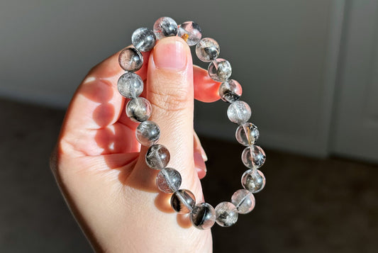 10mm+, Certified Rare Natural Top Grade Black Brookite Rutilated quartz Beads Bracelet, Silver Brookite in quartz bracelet, 收藏级黑银钛晶手串