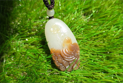 Certified Natural Qiemo Sugar-White Nephrite Jade Hand Carved Peacock Pendant, 天然且末糖白和田玉手工雕刻孔雀吊坠