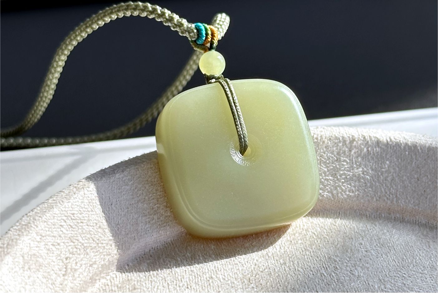 Certified Natural High-Quality Greenish-Yellow-with-Sugar Nephrite Jade Square Ping An Peace Buckle Pendant, 天然精品青黄玉带糖四方扣吊坠