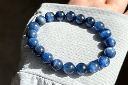 9.5mm+, Certified Undyed Top Grade Blue Kyanite Bracelet, Kyanite Bracelet, Full chatoyant Blue Kyanite, 天然无烤无染猫眼蓝晶石