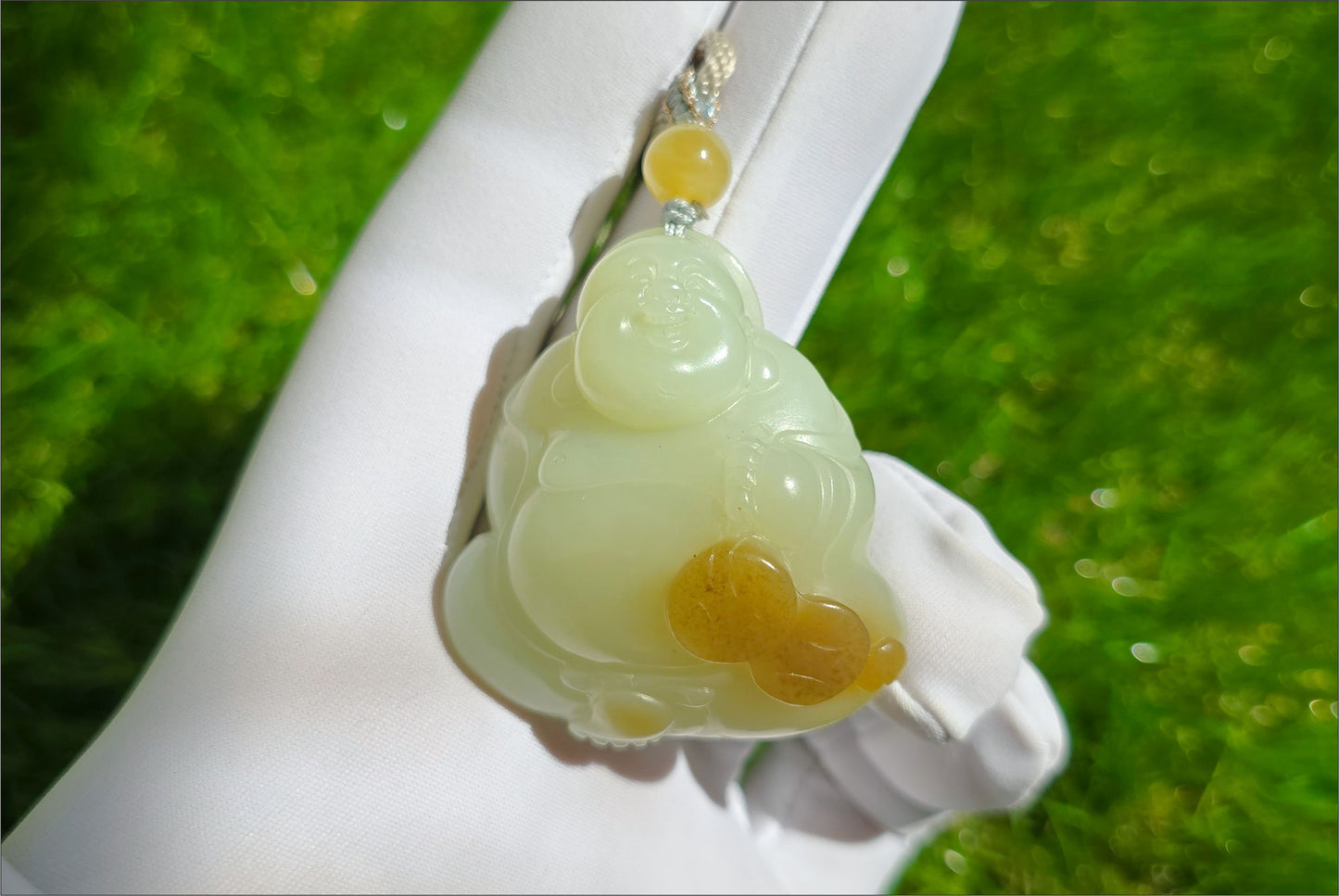 Certified Natural High-Quality Ruoqiang Yellow and Sugar Nephrite Jade Hand-Carved Maitreya Buddha Pendant, 天然若羌黄口带糖和田玉手工雕刻弥勒佛