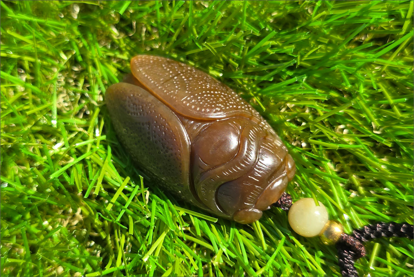 Certified Natural Full Brown Sugar Nephrite Jade Hand-Carved Cicada Pendant, 天然且末糖手工雕刻一鸣惊人(蝉)吊坠