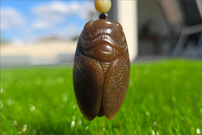 Certified Natural Full Brown Sugar Nephrite Jade Hand-Carved Cicada Pendant, 天然且末糖手工雕刻一鸣惊人(蝉)吊坠