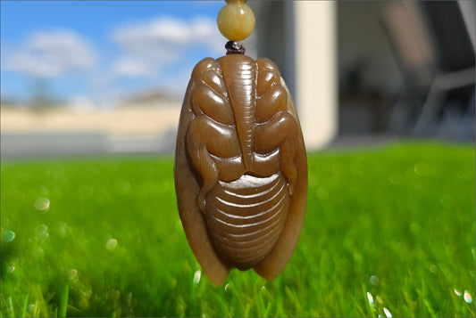 Certified Natural Full Brown Sugar Nephrite Jade Hand-Carved Cicada Pendant, 天然且末糖手工雕刻一鸣惊人(蝉)吊坠