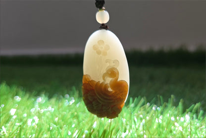 Certified Natural Qiemo Sugar-White Nephrite Jade Hand Carved Peacock Pendant, 天然且末糖白和田玉手工雕刻孔雀吊坠