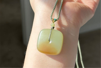 Certified Natural High-Quality Greenish-Yellow-with-Sugar Nephrite Jade Square Ping An Peace Buckle Pendant, 天然精品青黄玉带糖四方扣吊坠