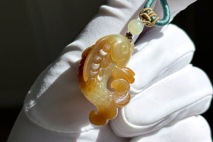 Certified Natural High Quality Sugar Brown and White Nephrite Jade Hand-Carved Koi Fish Pendant, 天然且末糖白和田玉苏工手工雕刻锦鲤吊坠