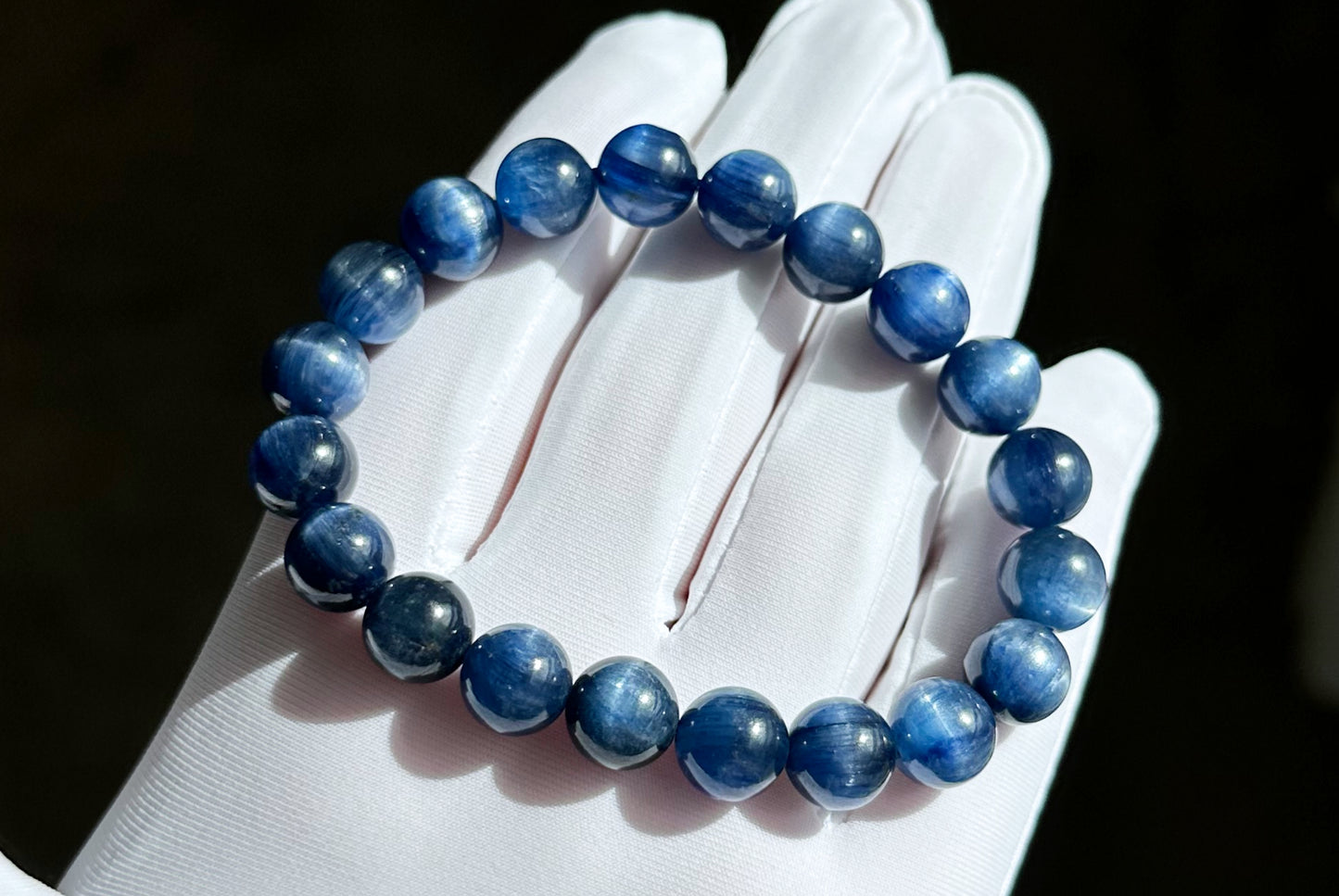 9.5mm+, Certified Undyed Top Grade Blue Kyanite Bracelet, Kyanite Bracelet, Full chatoyant Blue Kyanite, 天然无烤无染猫眼蓝晶石