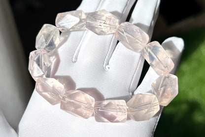 12x19mm, Natural Faceted Mozambique Rose Quartz Beads Bracelet, Soft Pink Rose Quartz Bracelet, 天然莫桑比克刻面粉水晶手串