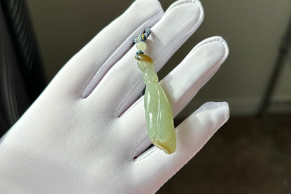 Certified Natural Qiemo Blue and Sugar Nephrite Jade Hand Carved Magnolia Flower Pendant, 天然且末冰蓝带天地糖手工雕刻玉兰花吊坠