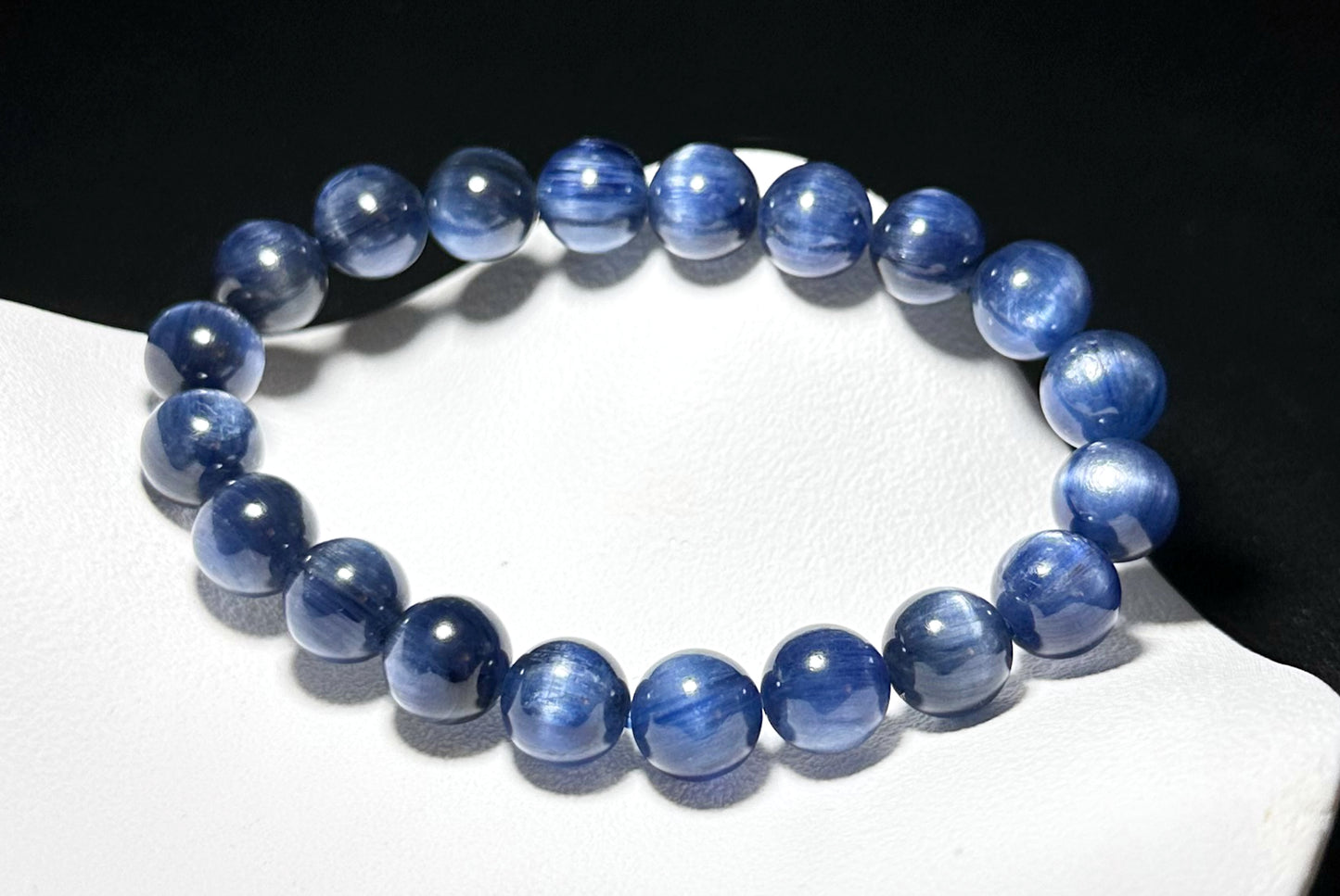 9.5mm+, Certified Undyed Top Grade Blue Kyanite Bracelet, Kyanite Bracelet, Full chatoyant Blue Kyanite, 天然无烤无染猫眼蓝晶石