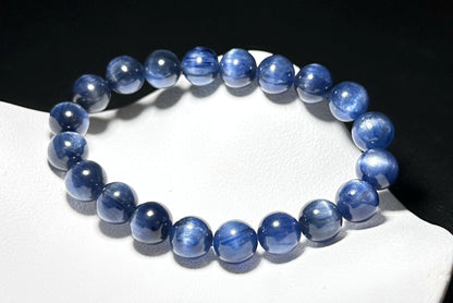 9.5mm+, Certified Undyed Top Grade Blue Kyanite Bracelet, Kyanite Bracelet, Full chatoyant Blue Kyanite, 天然无烤无染猫眼蓝晶石