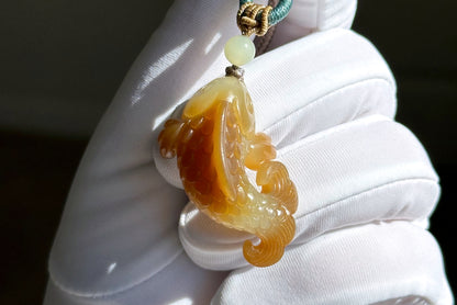 Certified Natural High Quality Sugar Brown and White Nephrite Jade Hand-Carved Koi Fish Pendant, 天然且末糖白和田玉苏工手工雕刻锦鲤吊坠