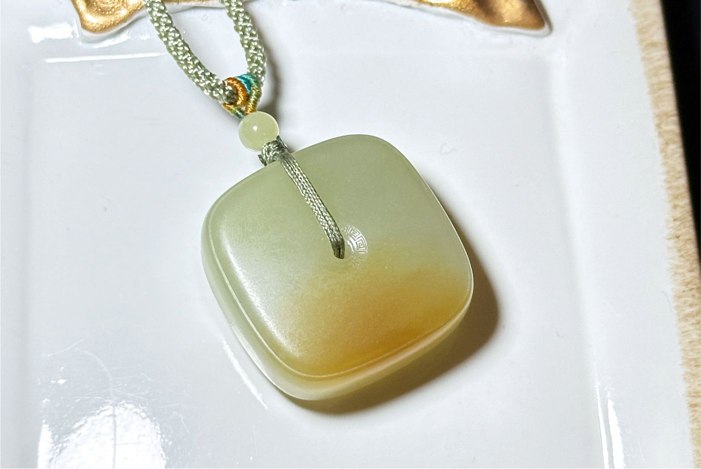 Certified Natural High-Quality Greenish-Yellow-with-Sugar Nephrite Jade Square Ping An Peace Buckle Pendant, 天然精品青黄玉带糖四方扣吊坠