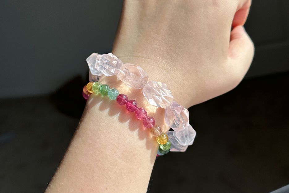 12x19mm, Natural Faceted Mozambique Rose Quartz Beads Bracelet, Soft Pink Rose Quartz Bracelet, 天然莫桑比克刻面粉水晶手串