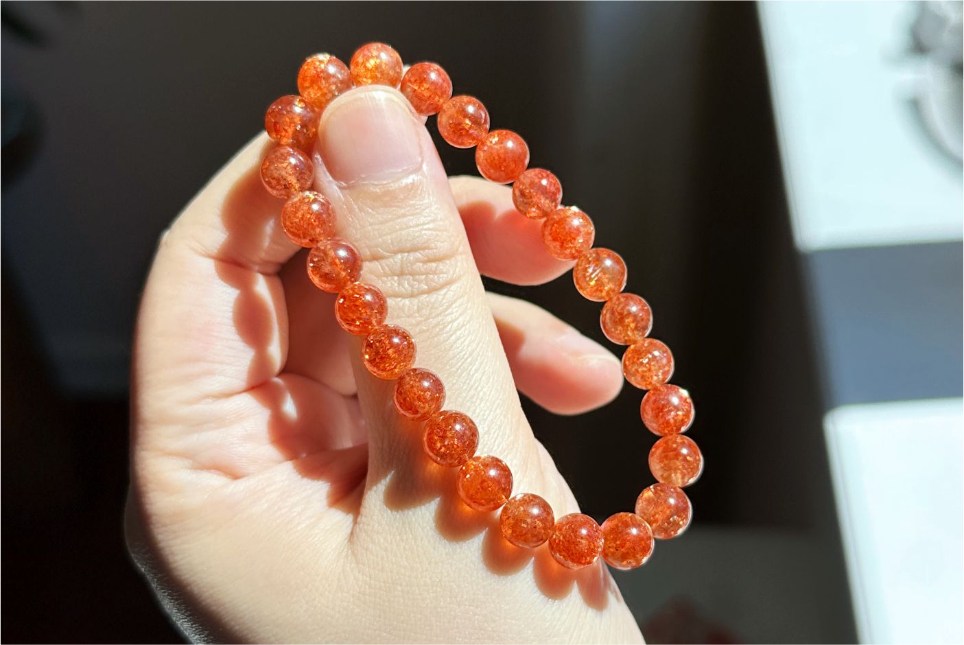 7.5mm+, Certified Collector's Choice Top Grade Natural Rich Orange Golden Sunstone bracelet, Top Grade Sunstone bracelet, 天然收藏级浓橙满矿金太阳石手串