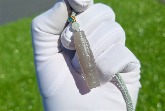 Certified Natural Smoky Gray Nephrite Jade Carved Nine-Eyed Dzi Bead Pendant, 天然烟灰和田玉雕刻九眼天珠吊坠