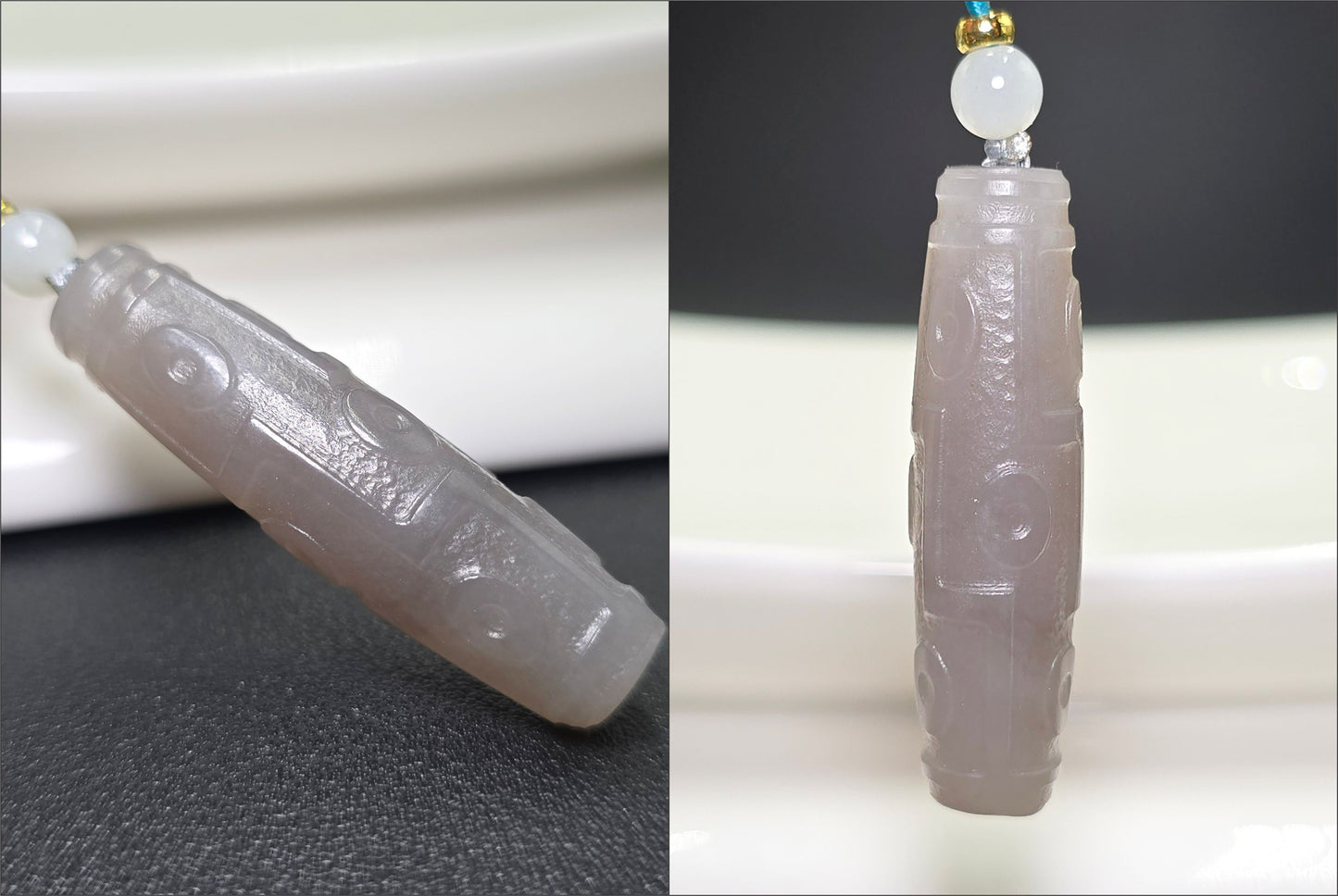 Certified Natural Smoky Gray Nephrite Jade Carved Nine-Eyed Dzi Bead Pendant, 天然烟灰和田玉雕刻九眼天珠吊坠