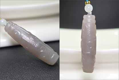 Certified Natural Smoky Gray Nephrite Jade Carved Nine-Eyed Dzi Bead Pendant, 天然烟灰和田玉雕刻九眼天珠吊坠