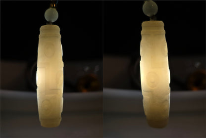 Certified Natural Smoky Gray Nephrite Jade Carved Nine-Eyed Dzi Bead Pendant, 天然烟灰和田玉雕刻九眼天珠吊坠