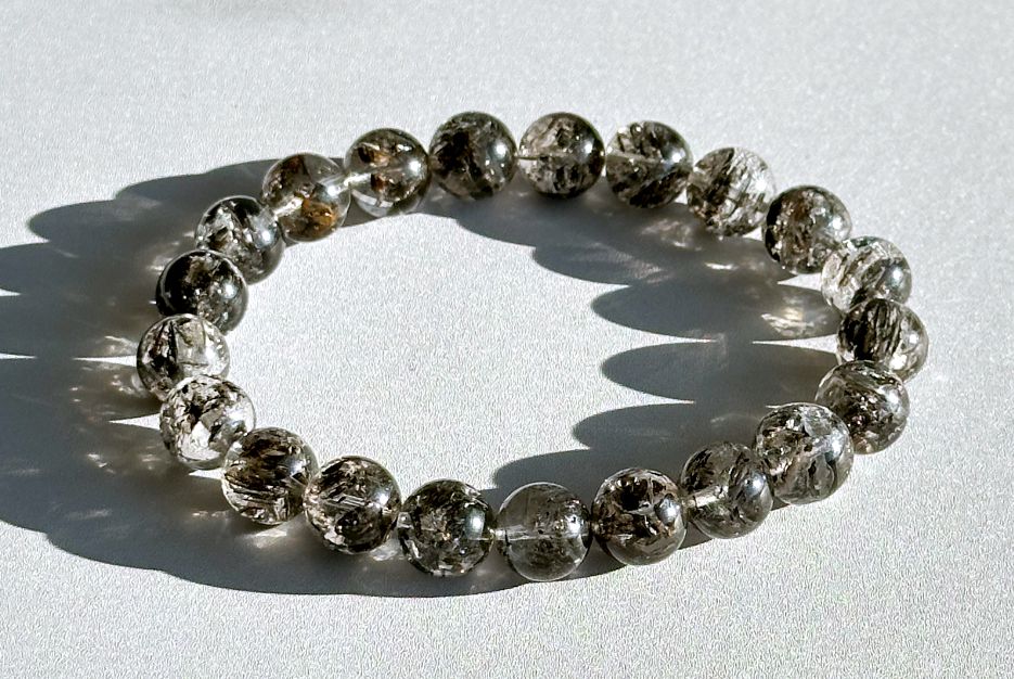 9mm+, Certified Natural High Grade Herkimer Diamond Round Beads Bracelet, Herkimer Diamond Bracelet, 天然最高级黑武士闪灵钻圆珠手串