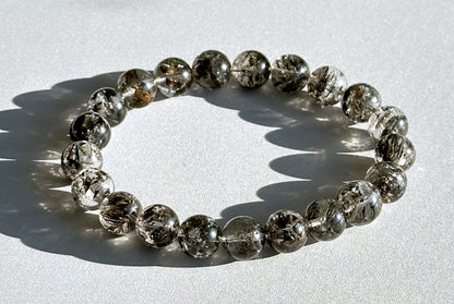 9mm+, Certified Natural High Grade Herkimer Diamond Round Beads Bracelet, Herkimer Diamond Bracelet, 天然最高级黑武士闪灵钻圆珠手串