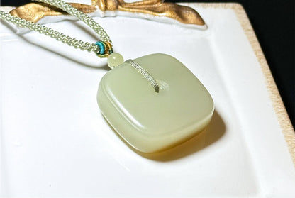 Certified Natural High-Quality Greenish-Yellow-with-Sugar Nephrite Jade Square Ping An Peace Buckle Pendant, 天然精品青黄玉带糖四方扣吊坠