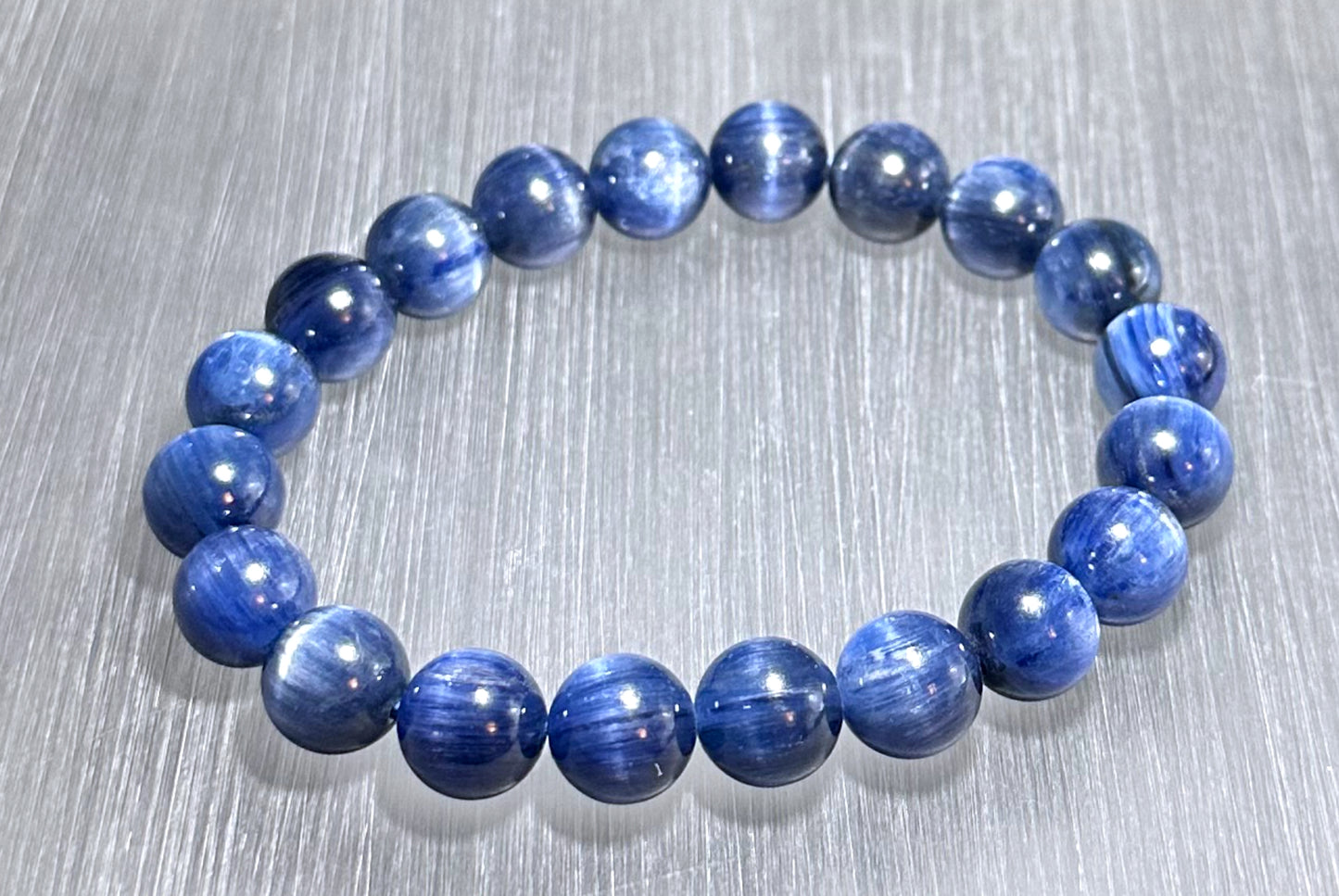 9.5mm+, Certified Undyed Top Grade Blue Kyanite Bracelet, Kyanite Bracelet, Full chatoyant Blue Kyanite, 天然无烤无染猫眼蓝晶石