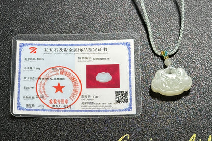 Certified Natural White Nephrite Jade Carved Lotus Peace Lock Pendant, White Jade Pendant, 天然和田白玉莲花锁吊坠