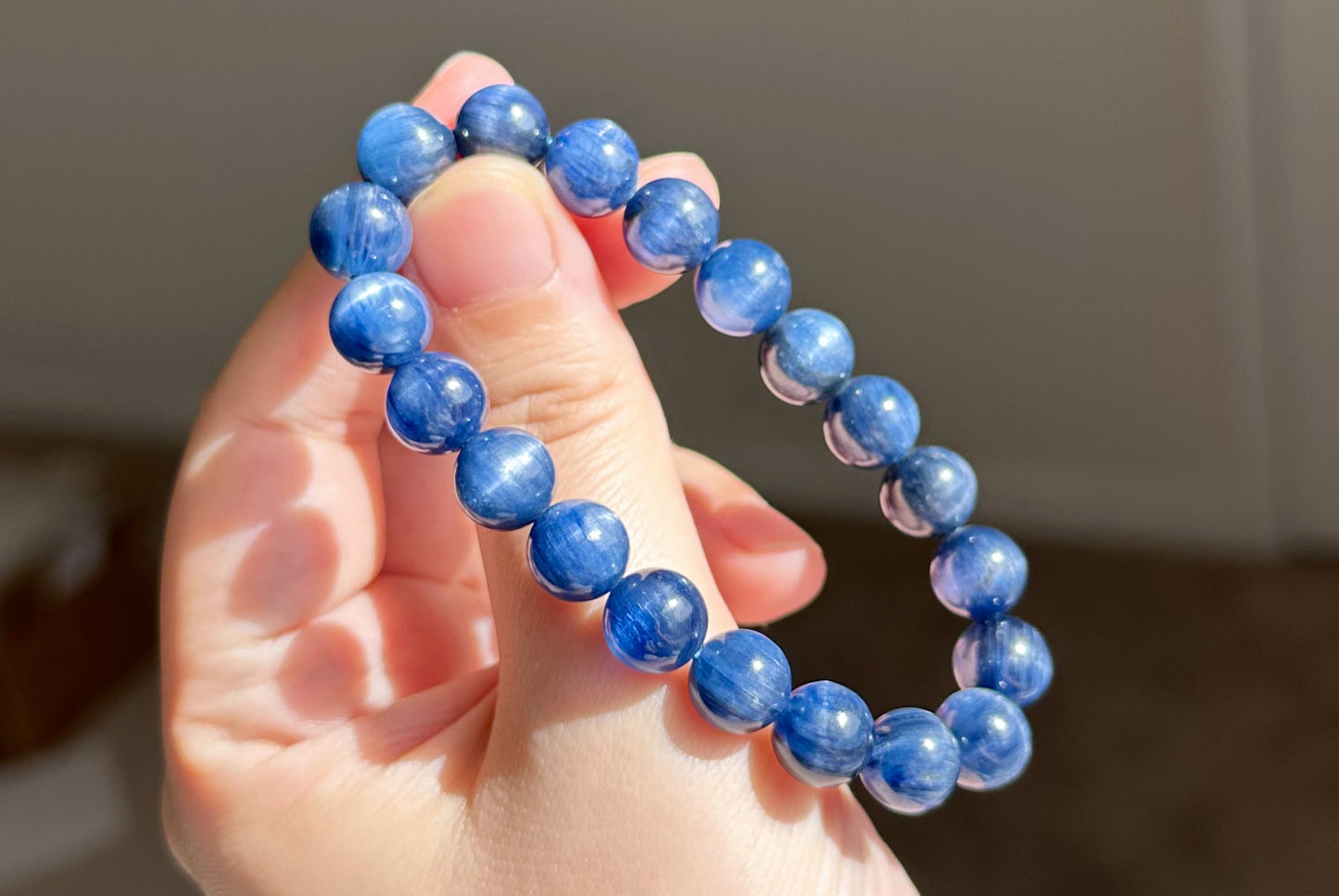 9.5mm+, Certified Undyed Top Grade Blue Kyanite Bracelet, Kyanite Bracelet, Full chatoyant Blue Kyanite, 天然无烤无染猫眼蓝晶石