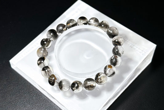 10mm+, Certified Rare Natural Top Grade Black Brookite Rutilated quartz Beads Bracelet, Silver Brookite in quartz bracelet, 收藏级黑银钛晶手串
