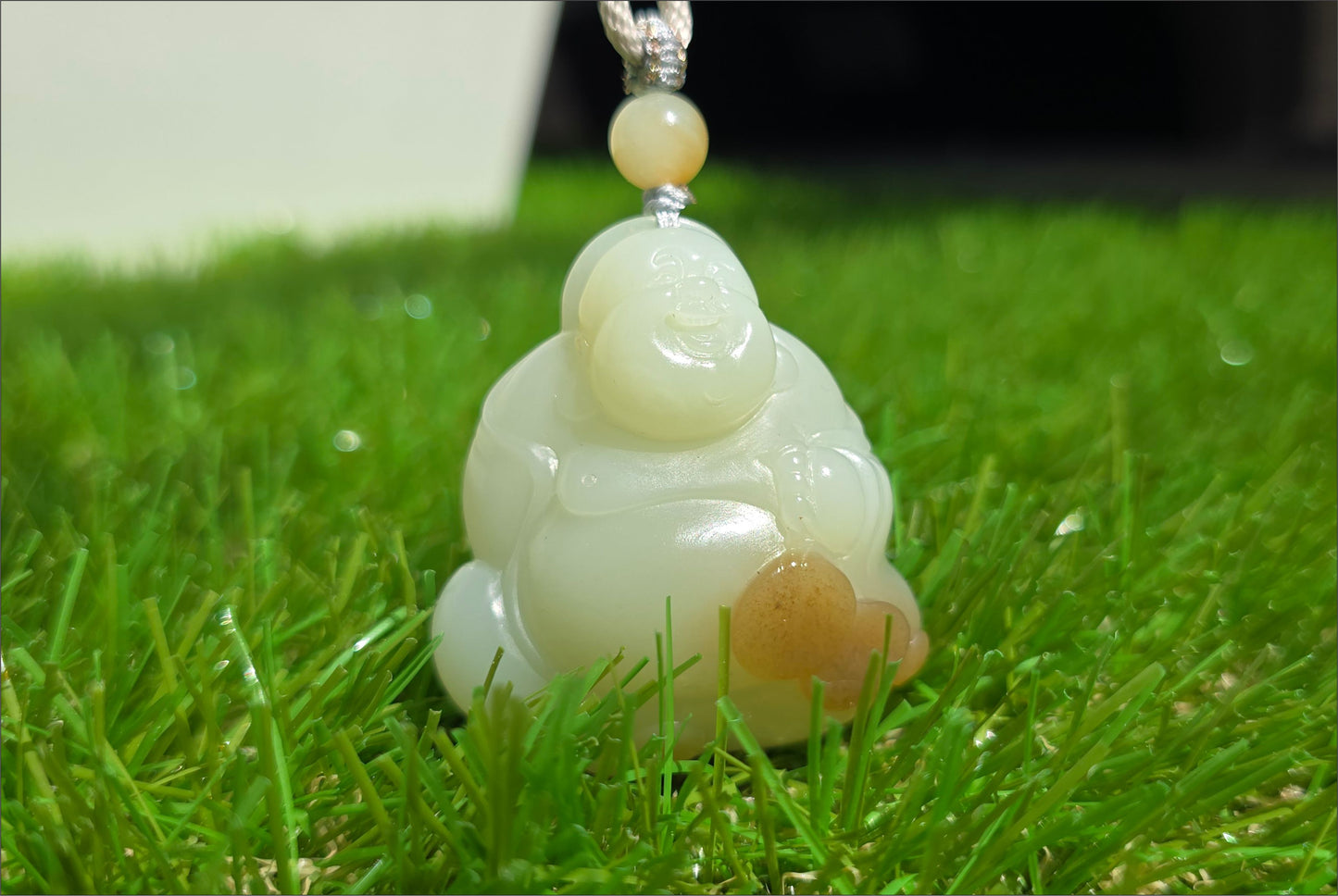 Certified Natural High-Quality Ruoqiang Yellow and Sugar Nephrite Jade Hand-Carved Maitreya Buddha Pendant, 天然若羌黄口带糖和田玉手工雕刻弥勒佛