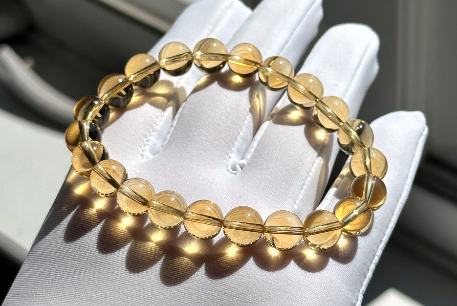 8.6mm+, Certified Natural Collector's Gem Grade Deep Yellow Citrine Beads Bracelet, Untreated High Clarity Natural Citrine, 天然宝石级玻璃体暴力黄黄水晶手串