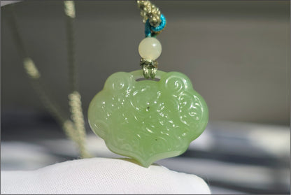 Certified Natural Emerald-Green and Qing Shui Nephrite Jade Peace Lock Pendant | 天然晴水带翠软玉雕刻平安锁吊坠