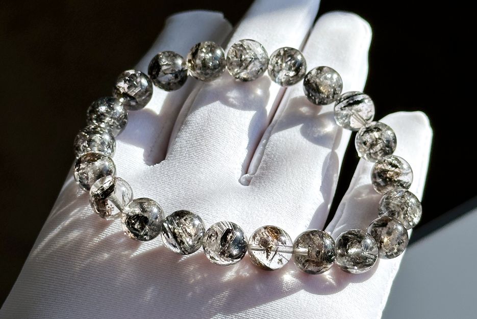 9mm+, Certified Natural High Grade Herkimer Diamond Round Beads Bracelet, Herkimer Diamond Bracelet, 天然最高级黑武士闪灵钻圆珠手串