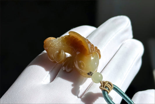 Certified Natural High Quality Sugar Brown and White Nephrite Jade Hand-Carved Koi Fish Pendant, 天然且末糖白和田玉苏工手工雕刻锦鲤吊坠