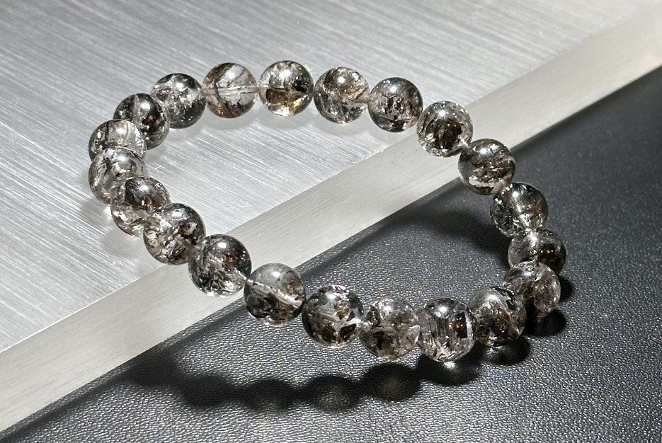 9mm+, Certified Natural High Grade Herkimer Diamond Round Beads Bracelet, Herkimer Diamond Bracelet, 天然最高级黑武士闪灵钻圆珠手串