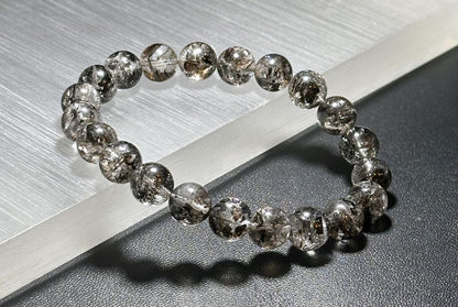 9mm+, Certified Natural High Grade Herkimer Diamond Round Beads Bracelet, Herkimer Diamond Bracelet, 天然最高级黑武士闪灵钻圆珠手串