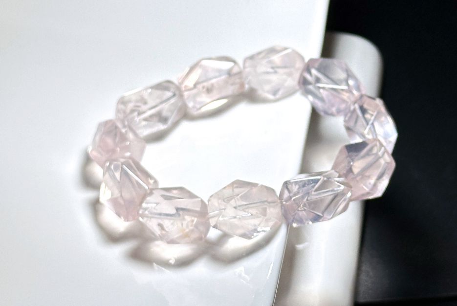12x19mm, Natural Faceted Mozambique Rose Quartz Beads Bracelet, Soft Pink Rose Quartz Bracelet, 天然莫桑比克刻面粉水晶手串
