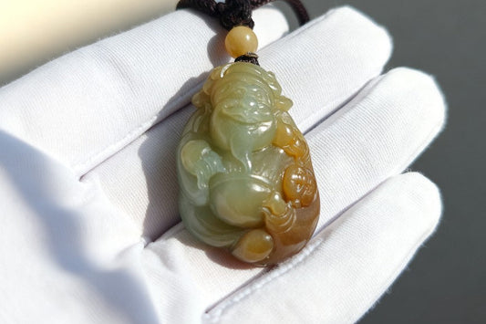 Certified Natural Blue and Sugar Nephrite Jade Hand-Carved Caishen and Buddha  Pendant | Small Handmade Jade God of Wealth | 天然蓝带糖玉手工雕刻财神吊坠