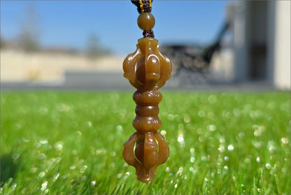 Certified Natural High Quality Sugar Brown Nephrite Jade Hand Carved Vajra Pestle Pendant, 天然且末糖玉手工雕刻降魔杵吊坠