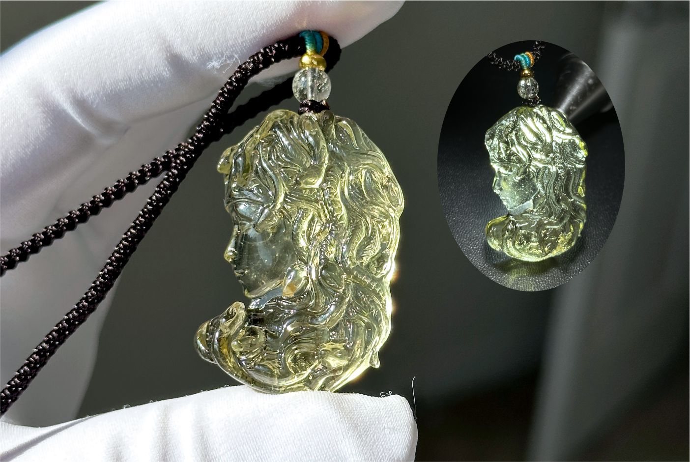 12.648 grams, Natural Top Grade High Clarity Authentic Libyan Desert Glass Tektite Carved Medusa Pendant, 天然透体利比亚陨石雕刻美杜莎吊坠