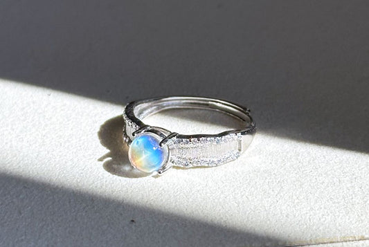 Certified Natural Madagascar Rainbow Moonstone Silver Ring, Genuine uncoated Rainbow Moonstone, 嘛岛宝石级净体彩月光石纯银女戒