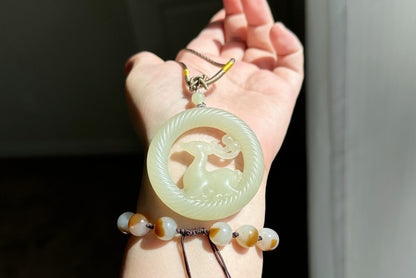 Certified Natural Qingshui Nephrite Jade Carved Deer Pendant, 天然白晴水和田玉雕刻梅花鹿圆牌吊坠
