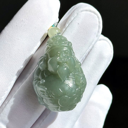 Certified Natural Untreated Blue Nephrite Jade Carved Caishen (God of Wealth) Pendant, 且末蓝和田玉财神