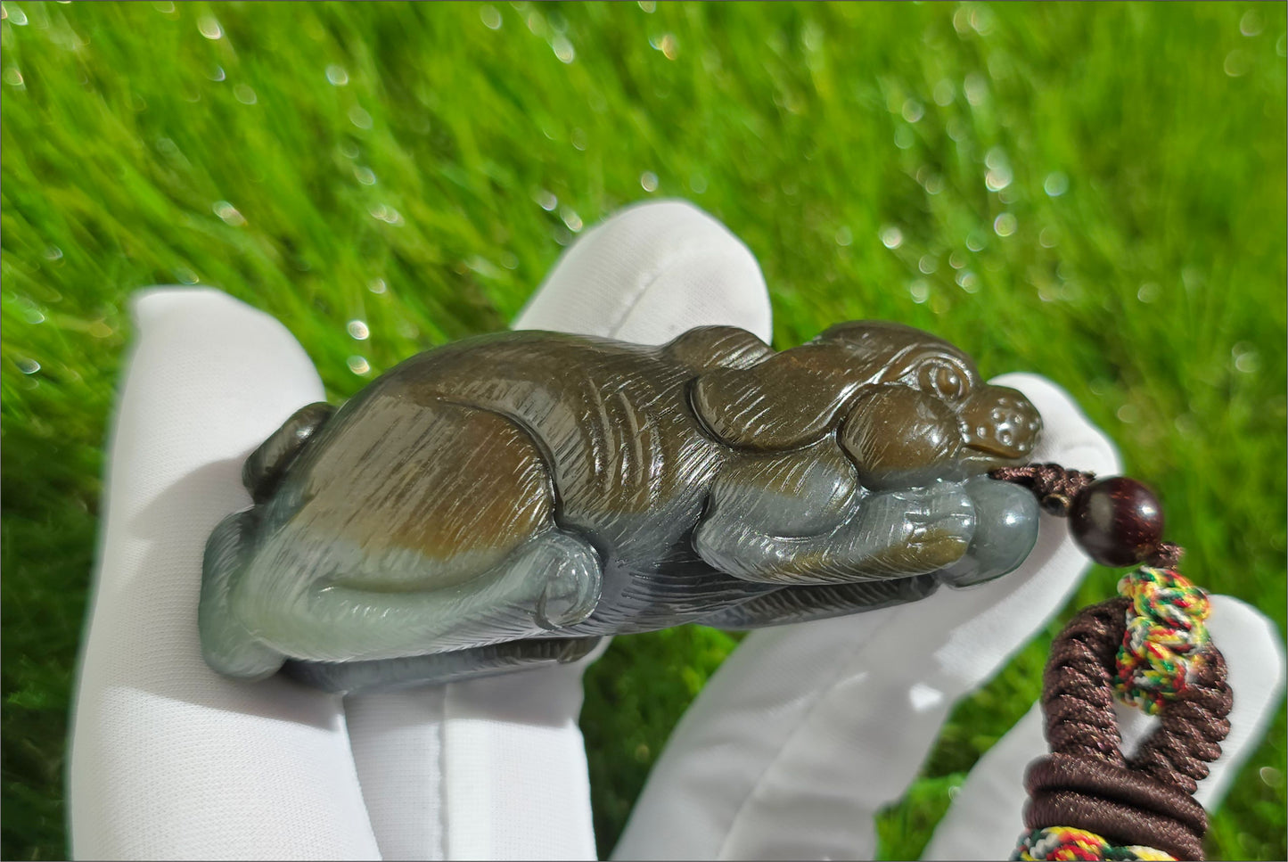 Certified Natural Loulan Nephrite Jade Hand-Carved Dog Handheld, 天然楼兰三色料手工雕刻狗手把件