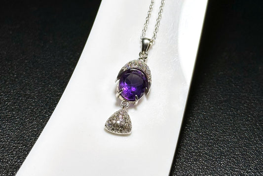 Natural Amethyst Pendant, Unheated Brazil Amethyst S925 Sterling Silver Pendant Necklace, 巴西天然紫晶纯银吊坠