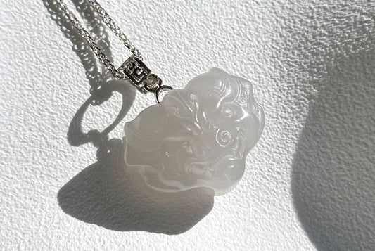 Certified Smoky Gray Jade Carved Beast Face Pendant, Gray Nephrite Jade S925 Sterling Silver Pendant, 天然冰底浅烟紫和田玉雕刻兽面吊坠