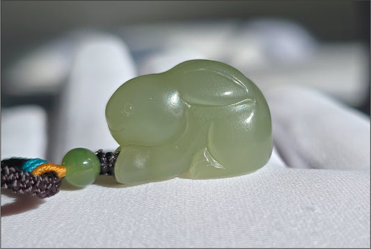 Certified Natural Lake-Green Nephrite Jade Carved Little Rabbit Pendant | Handcrafted Jade | High-Quality Icy Jade Charm,天然冰湖水绿软玉小兔子吊坠