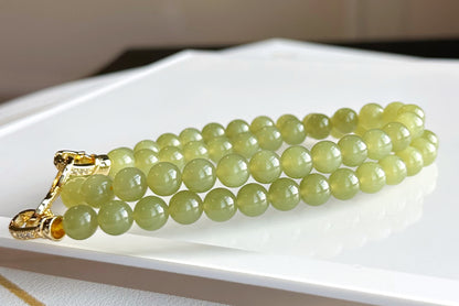 8mm, Certified Natural High Quality Greenish-Yellow Nephrite Jade Bead Necklace, 天然高品质青黄口和田玉项链